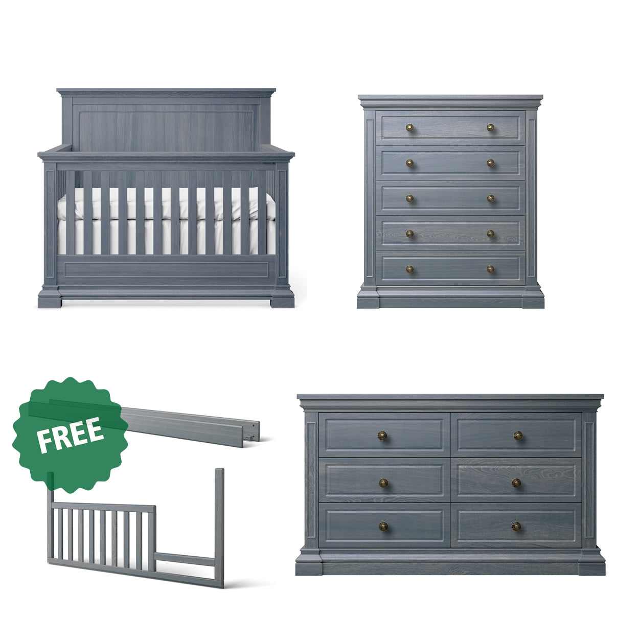 Jackson Convertible Crib, Double Dresser & Tall Chest + FREE Conversion Kit & FREE Toddler Kit | Storm
